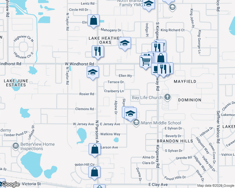 map of restaurants, bars, coffee shops, grocery stores, and more near 1003 Alpine Drive in Brandon