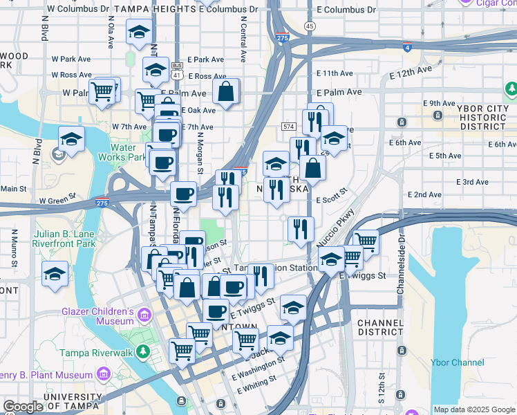 map of restaurants, bars, coffee shops, grocery stores, and more near 1000 East Harrison Street in Tampa