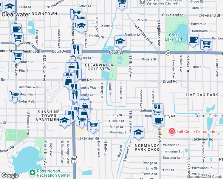 map of restaurants, bars, coffee shops, grocery stores, and more near 915 Mark Drive in Clearwater