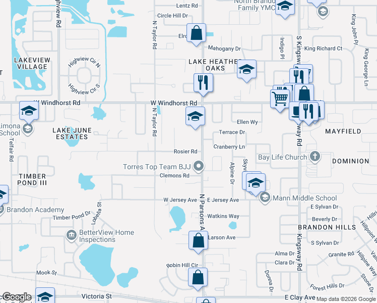 map of restaurants, bars, coffee shops, grocery stores, and more near 107 Rosier Road in Brandon