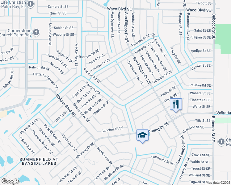 map of restaurants, bars, coffee shops, grocery stores, and more near 1300 Rascal Street Southeast in Palm Bay