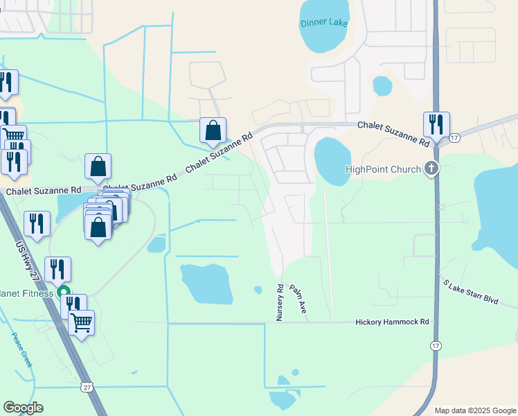 map of restaurants, bars, coffee shops, grocery stores, and more near 2848 Nursery Road in Lake Wales