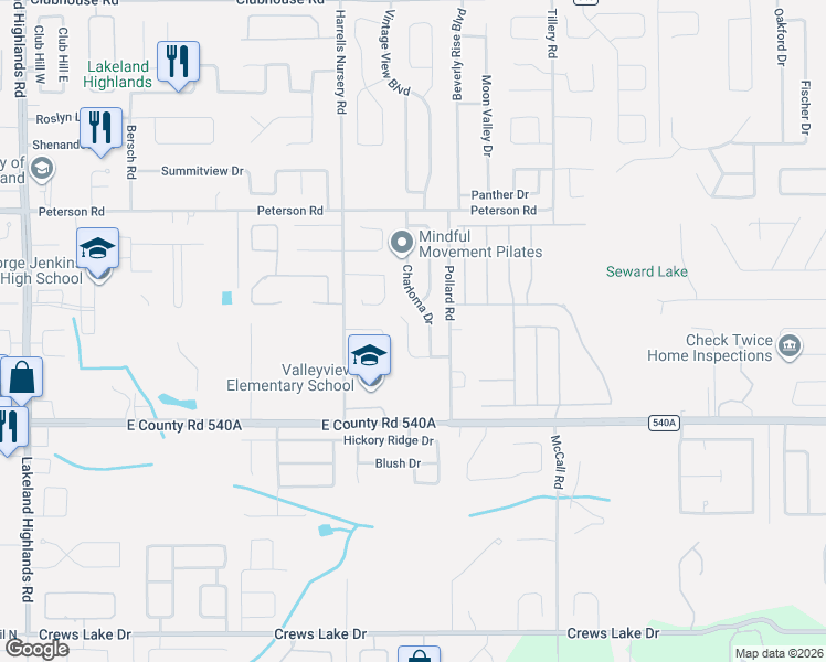 map of restaurants, bars, coffee shops, grocery stores, and more near 6041 Cason Way in Lakeland