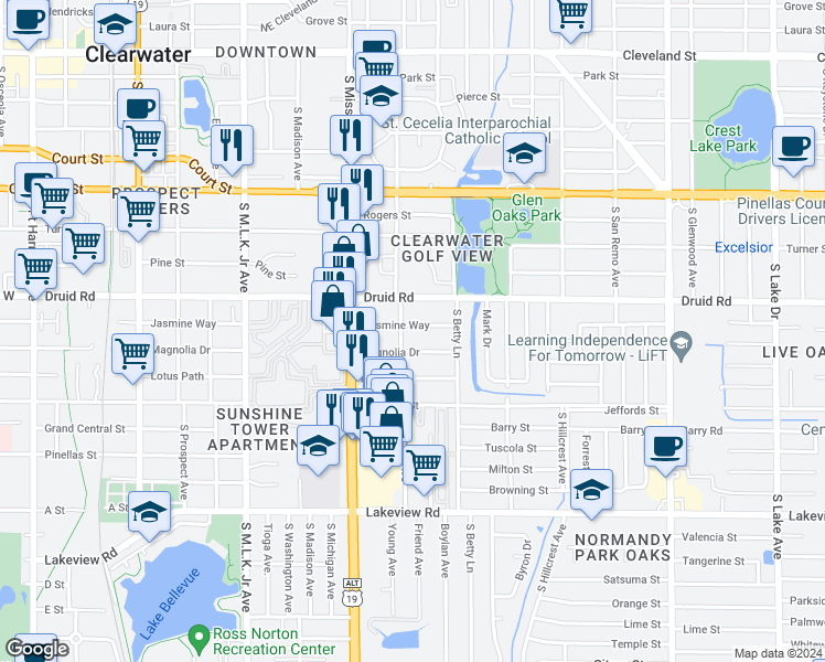 map of restaurants, bars, coffee shops, grocery stores, and more near 1253 Jasmine Way in Clearwater
