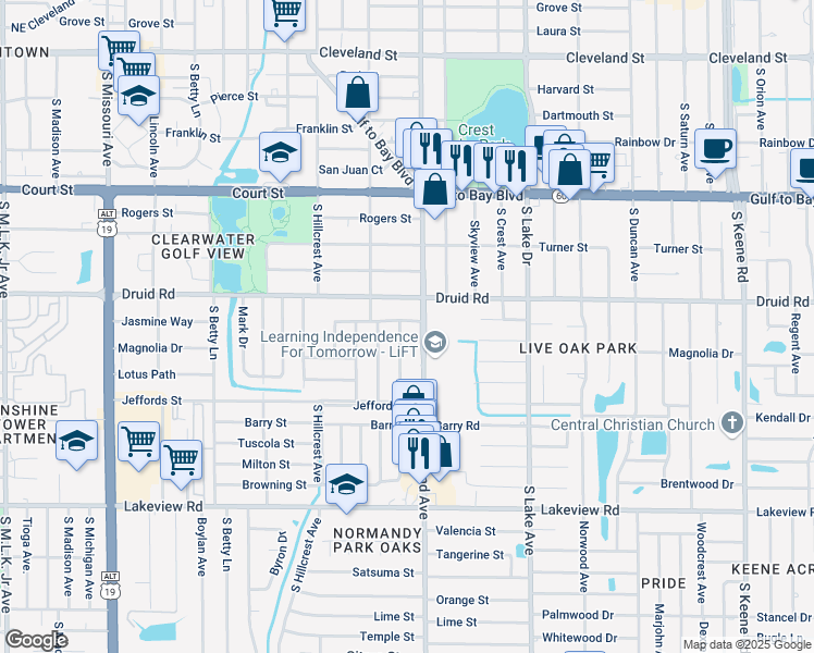 map of restaurants, bars, coffee shops, grocery stores, and more near 909 Oakview Avenue in Clearwater