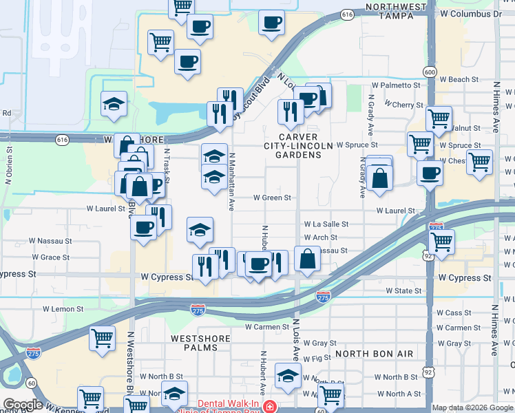 map of restaurants, bars, coffee shops, grocery stores, and more near 4307 West La Salle Street in Tampa