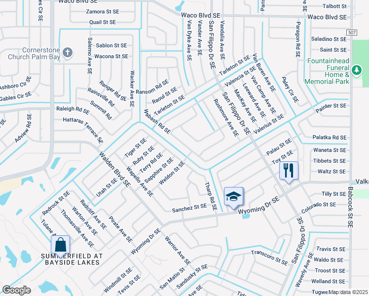 map of restaurants, bars, coffee shops, grocery stores, and more near 1242 Wabash Road Southeast in Palm Bay