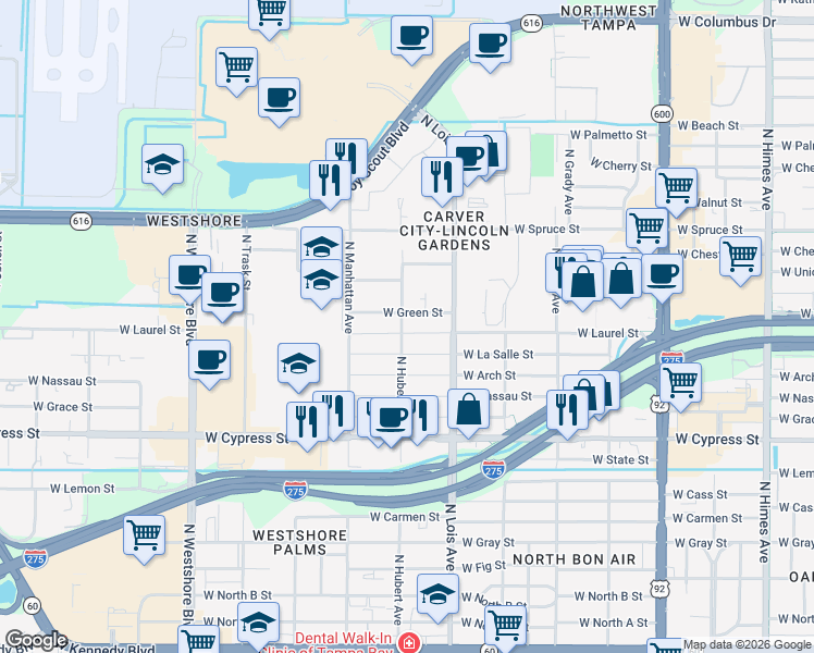 map of restaurants, bars, coffee shops, grocery stores, and more near 4214 West Laurel Street in Tampa