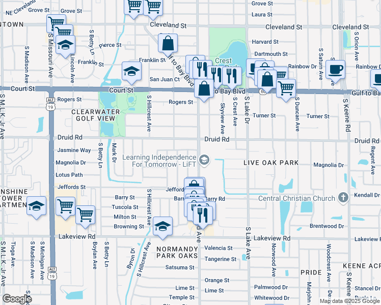 map of restaurants, bars, coffee shops, grocery stores, and more near 909 Oakview Avenue in Clearwater