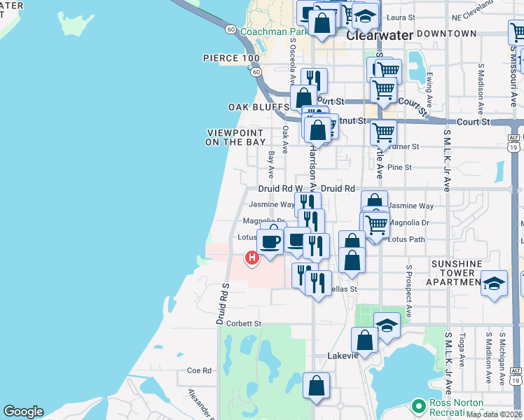 map of restaurants, bars, coffee shops, grocery stores, and more near 322 Magnolia Drive in Clearwater