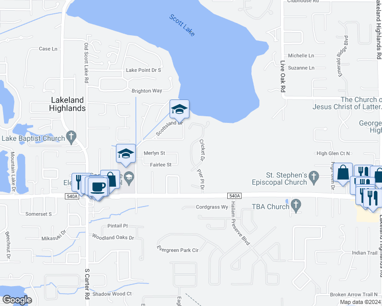 map of restaurants, bars, coffee shops, grocery stores, and more near 6026 Pier Place Drive in Lakeland