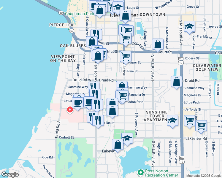 map of restaurants, bars, coffee shops, grocery stores, and more near 611 Druid Road in Clearwater