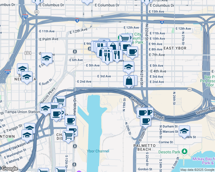 map of restaurants, bars, coffee shops, grocery stores, and more near 1705 Adamo Drive in Tampa