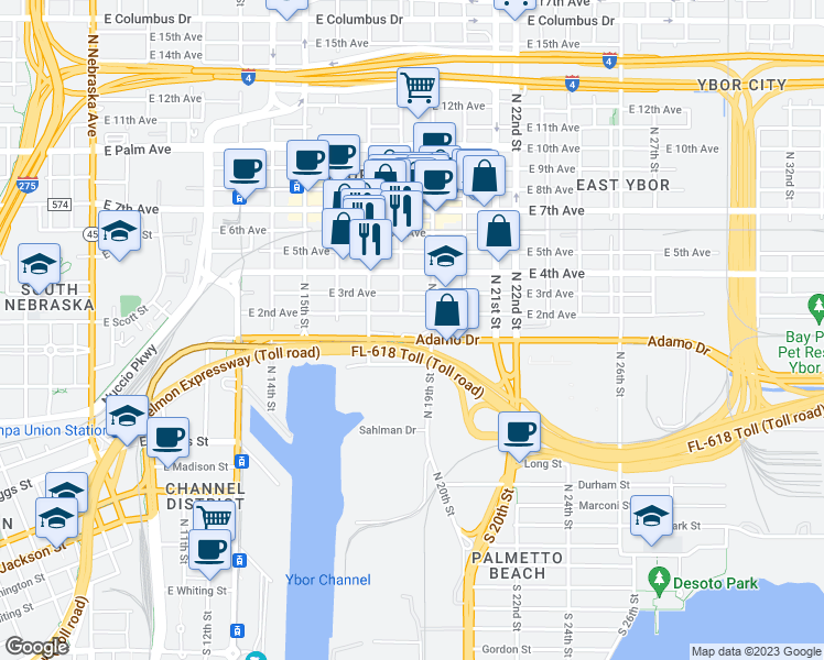 map of restaurants, bars, coffee shops, grocery stores, and more near N 21st St in Tampa