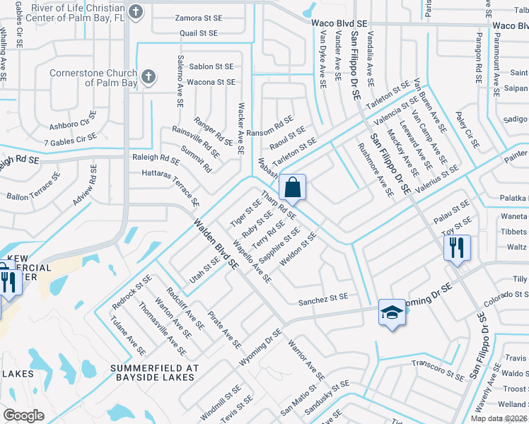 map of restaurants, bars, coffee shops, grocery stores, and more near 1167 Ruby Street Southeast in Palm Bay