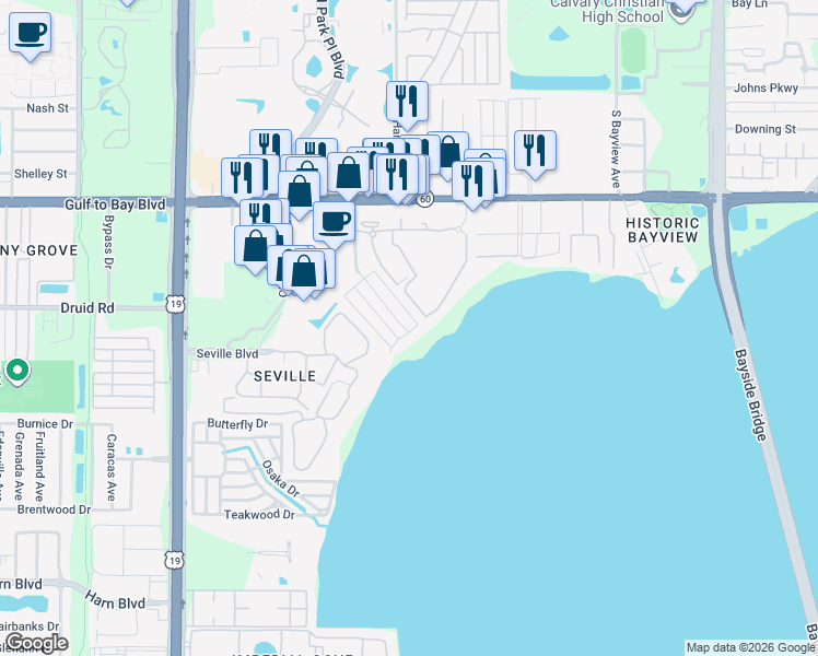 map of restaurants, bars, coffee shops, grocery stores, and more near 585 Sky Harbor Drive in Clearwater