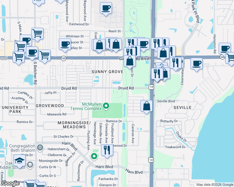 map of restaurants, bars, coffee shops, grocery stores, and more near 2465 Druid Rd E in Clearwater