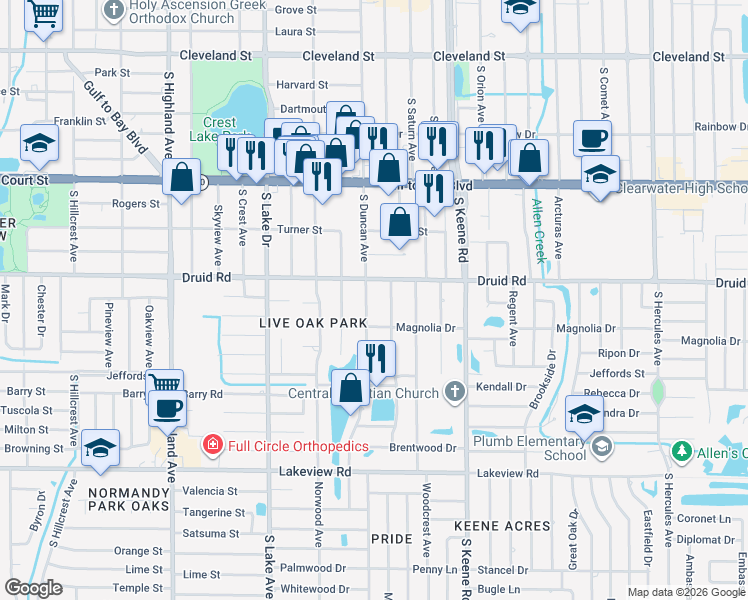 map of restaurants, bars, coffee shops, grocery stores, and more near 816 South Duncan Avenue in Clearwater