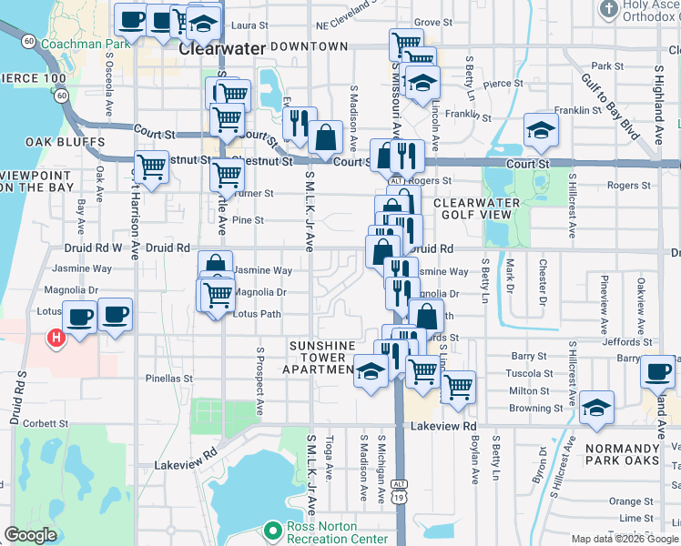 map of restaurants, bars, coffee shops, grocery stores, and more near 23 Fleetwood Circle South in Clearwater