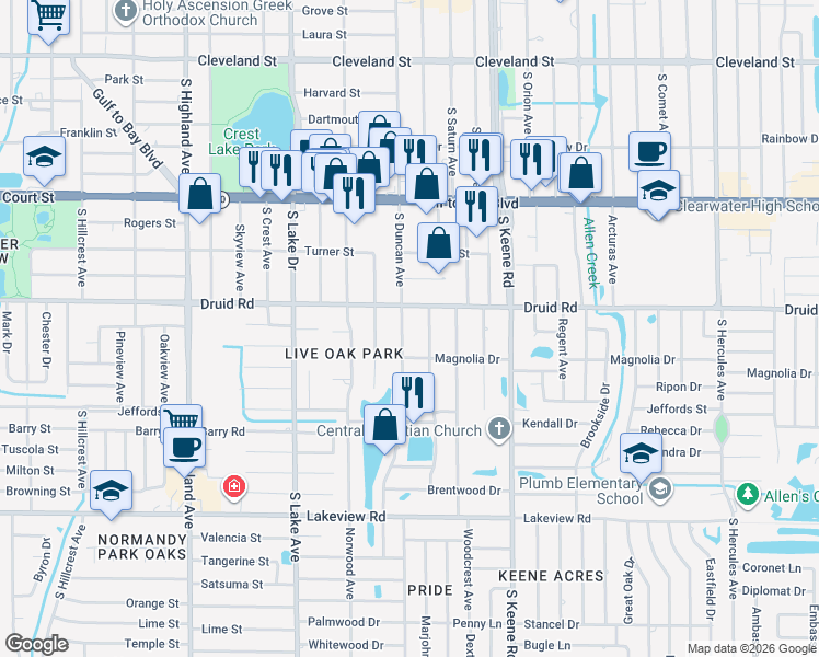 map of restaurants, bars, coffee shops, grocery stores, and more near 816 South Duncan Avenue in Clearwater