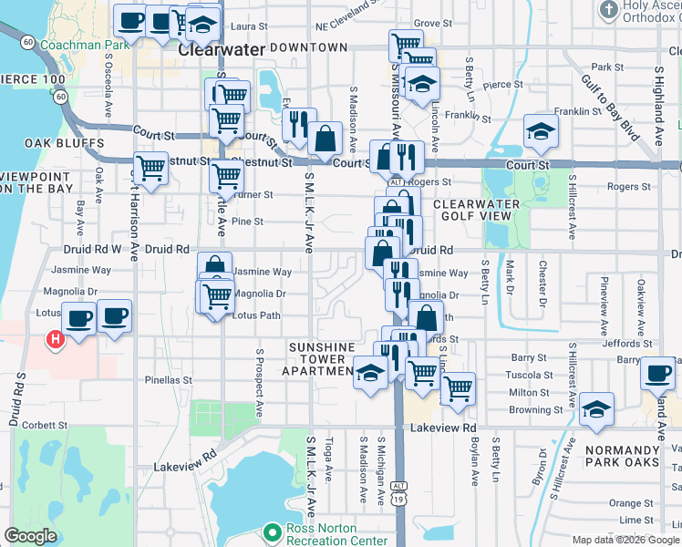 map of restaurants, bars, coffee shops, grocery stores, and more near 23 Fleetwood Circle South in Clearwater