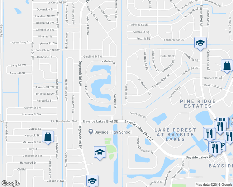 map of restaurants, bars, coffee shops, grocery stores, and more near 1665 Sawgrass Drive in Palm Bay