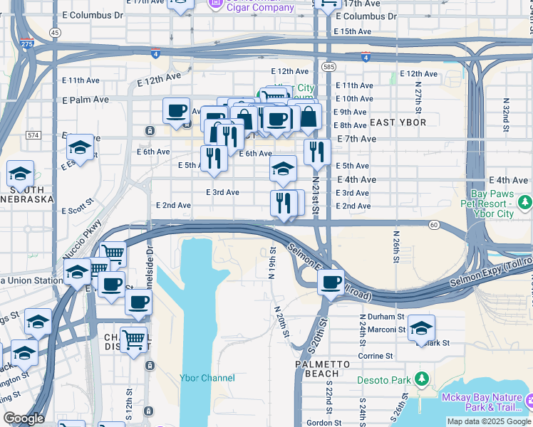 map of restaurants, bars, coffee shops, grocery stores, and more near 1302 North 19th Street in Tampa