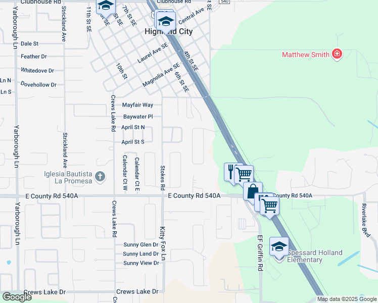 map of restaurants, bars, coffee shops, grocery stores, and more near 5972 Hillside Heights Drive in Lakeland