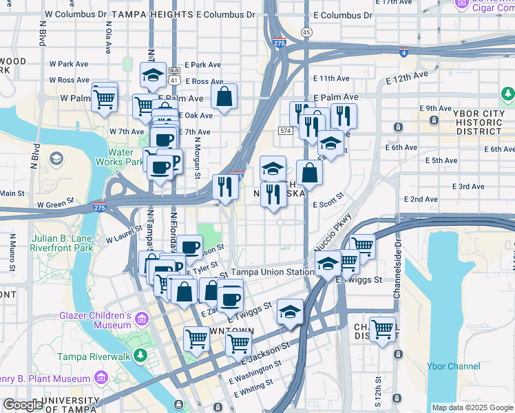 map of restaurants, bars, coffee shops, grocery stores, and more near 607 E Kay St in Tampa