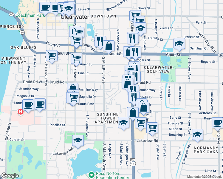 map of restaurants, bars, coffee shops, grocery stores, and more near in Clearwater
