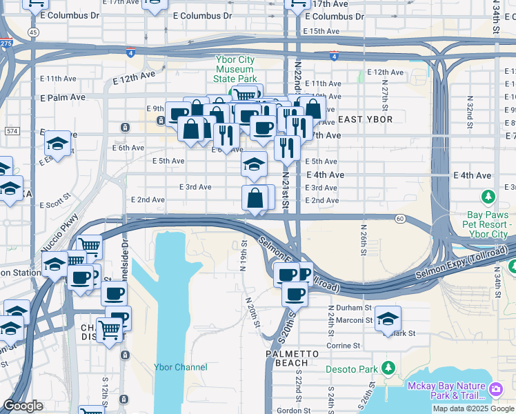 map of restaurants, bars, coffee shops, grocery stores, and more near 1910 East 2nd Avenue in Tampa