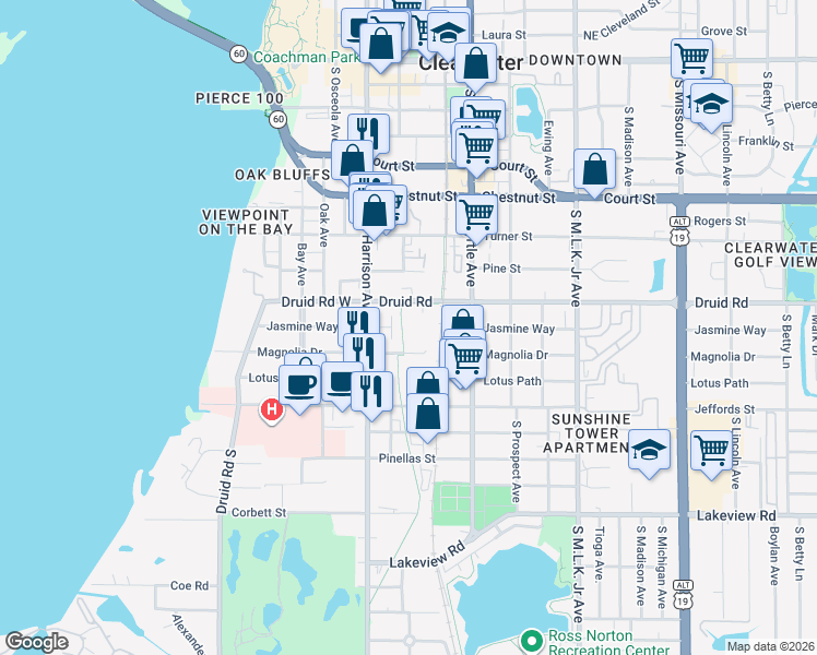 map of restaurants, bars, coffee shops, grocery stores, and more near 611 Druid Road in Clearwater