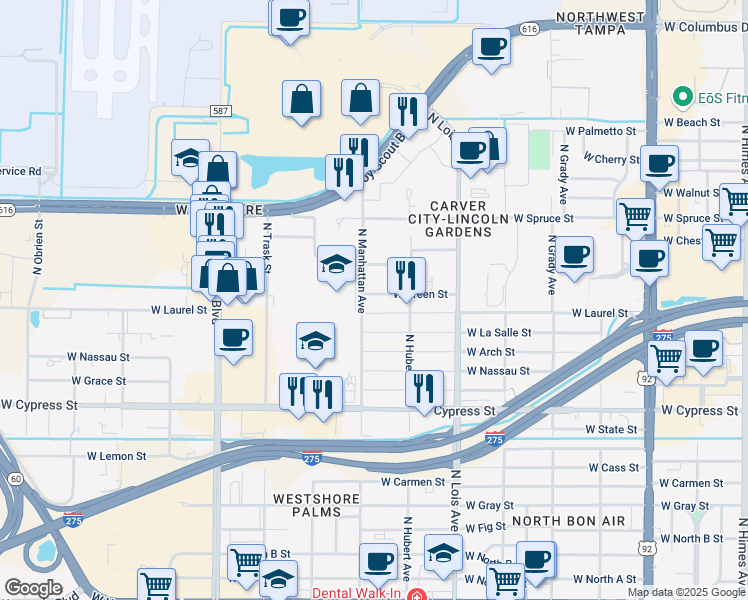 map of restaurants, bars, coffee shops, grocery stores, and more near 1607 North Manhattan Avenue in Tampa