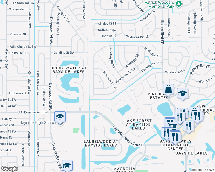 map of restaurants, bars, coffee shops, grocery stores, and more near 1631 Elmhurst Circle Southeast in Palm Bay