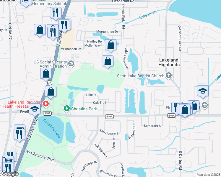map of restaurants, bars, coffee shops, grocery stores, and more near 5930 Ridge Drive in Lakeland