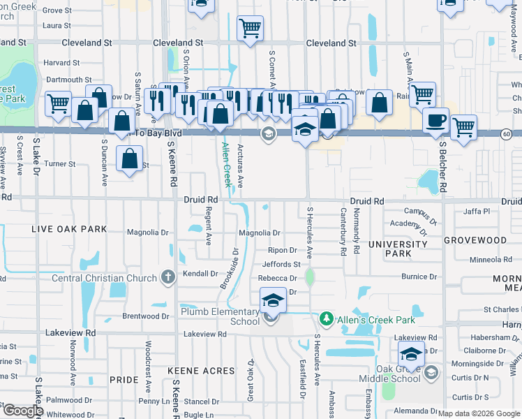 map of restaurants, bars, coffee shops, grocery stores, and more near 800 Wellington Drive in Clearwater