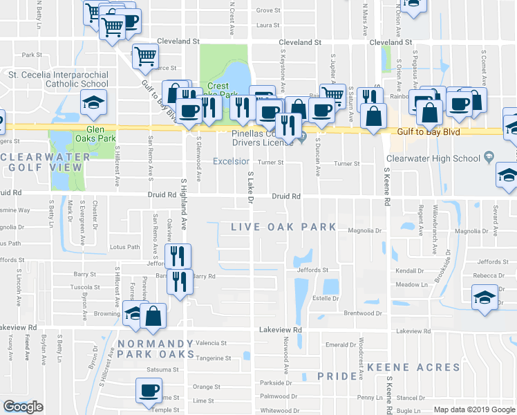 map of restaurants, bars, coffee shops, grocery stores, and more near 1623 Druid Road in Clearwater