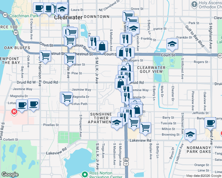 map of restaurants, bars, coffee shops, grocery stores, and more near 2 Fleetwood Circle South in Clearwater