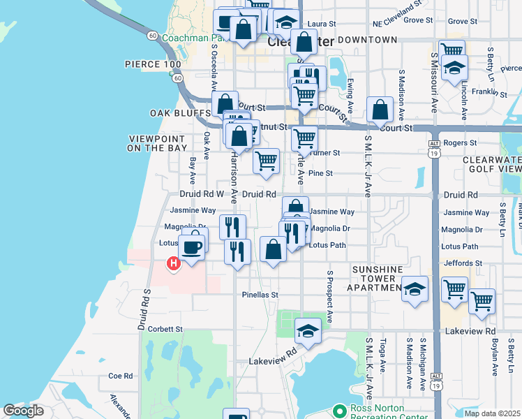 map of restaurants, bars, coffee shops, grocery stores, and more near 611 Druid Road in Clearwater