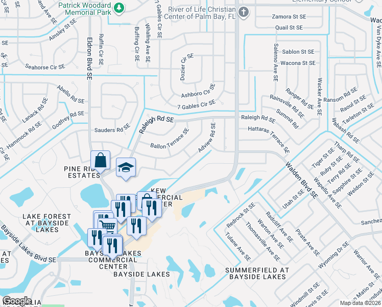 map of restaurants, bars, coffee shops, grocery stores, and more near 1616 Adview Road Southeast in Palm Bay