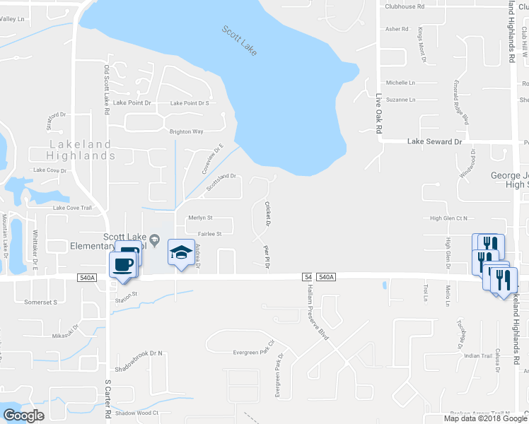 map of restaurants, bars, coffee shops, grocery stores, and more near 6009 Cricket Drive in Lakeland