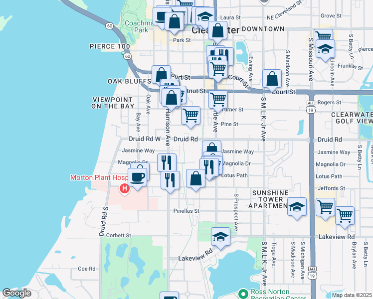 map of restaurants, bars, coffee shops, grocery stores, and more near 611 Druid Road in Clearwater