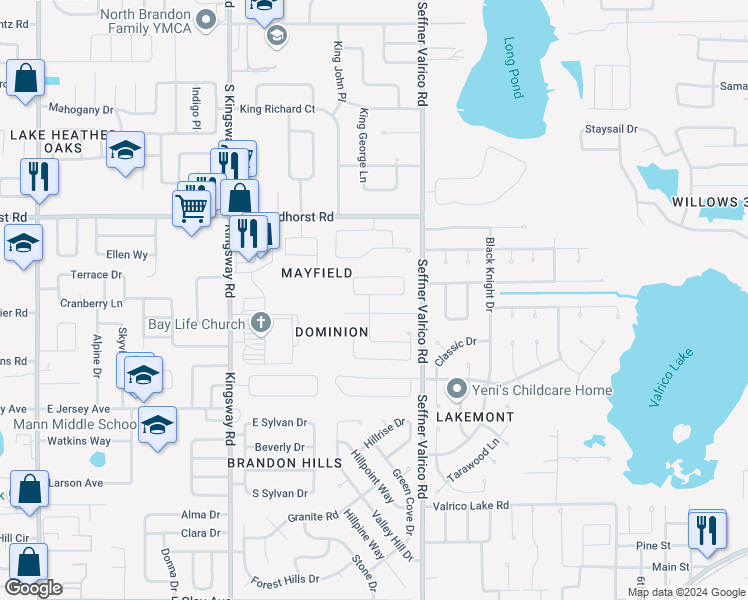 map of restaurants, bars, coffee shops, grocery stores, and more near 901 Sandywood Drive in Brandon
