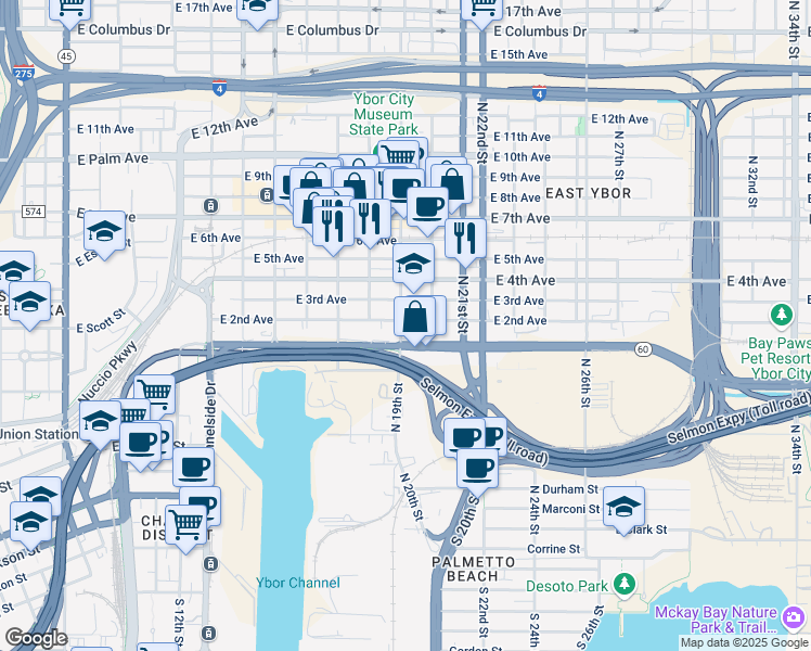 map of restaurants, bars, coffee shops, grocery stores, and more near 1302 North 19th Street in Tampa