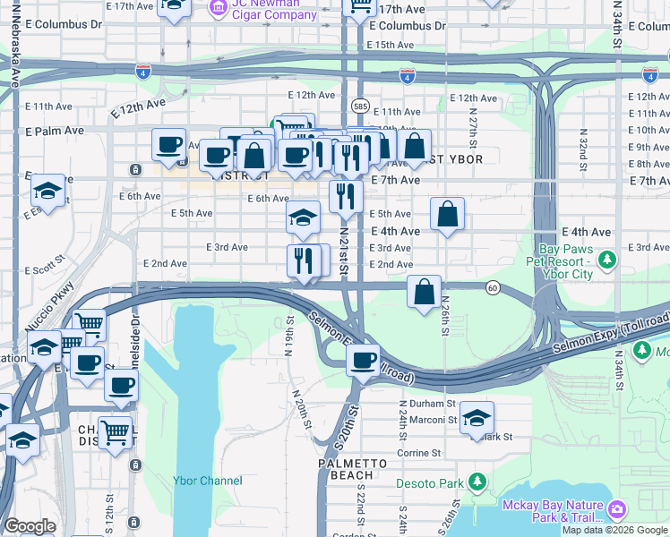 map of restaurants, bars, coffee shops, grocery stores, and more near 2001 East 2nd Avenue in Tampa
