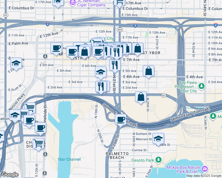 map of restaurants, bars, coffee shops, grocery stores, and more near 2102 East 2nd Avenue in Tampa