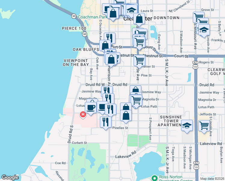 map of restaurants, bars, coffee shops, grocery stores, and more near 800 South Fort Harrison Avenue in Clearwater