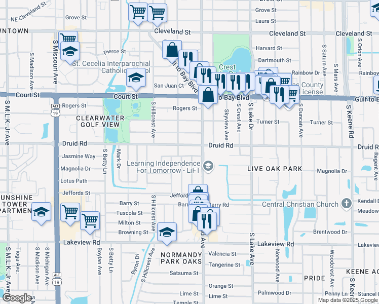 map of restaurants, bars, coffee shops, grocery stores, and more near 1456 Jasmine Way in Clearwater