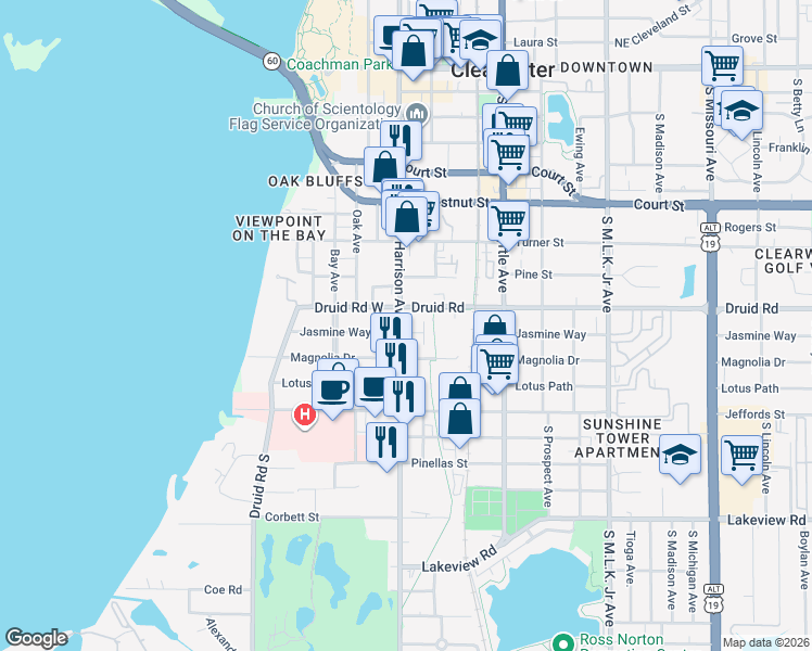 map of restaurants, bars, coffee shops, grocery stores, and more near 800 South Fort Harrison Avenue in Clearwater