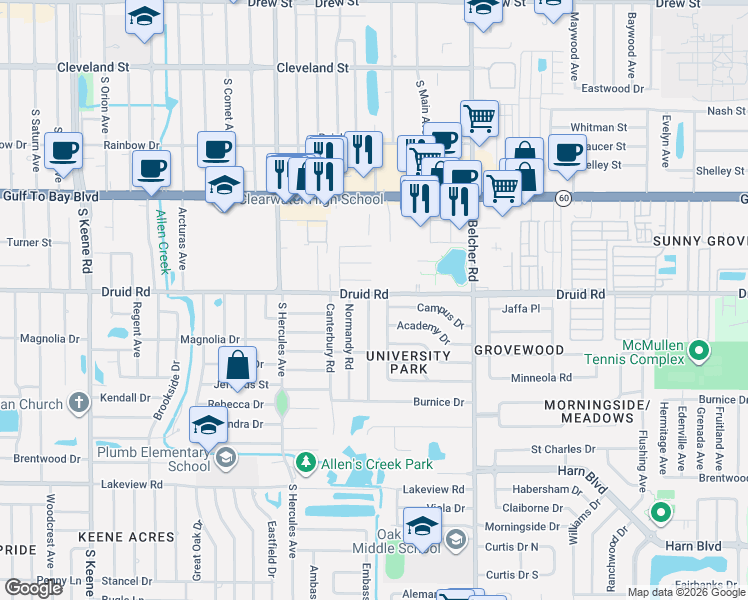 map of restaurants, bars, coffee shops, grocery stores, and more near 2087 Druid Road in Clearwater